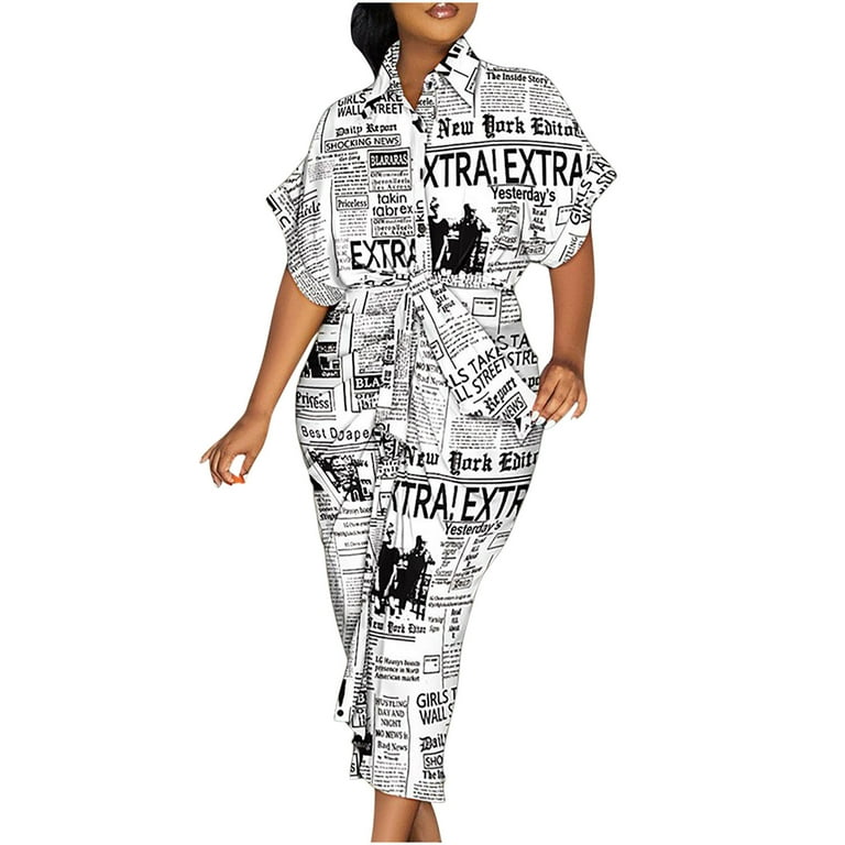 Plus Size Women Print Turndown Collar Short Sleeve Shirt Dress