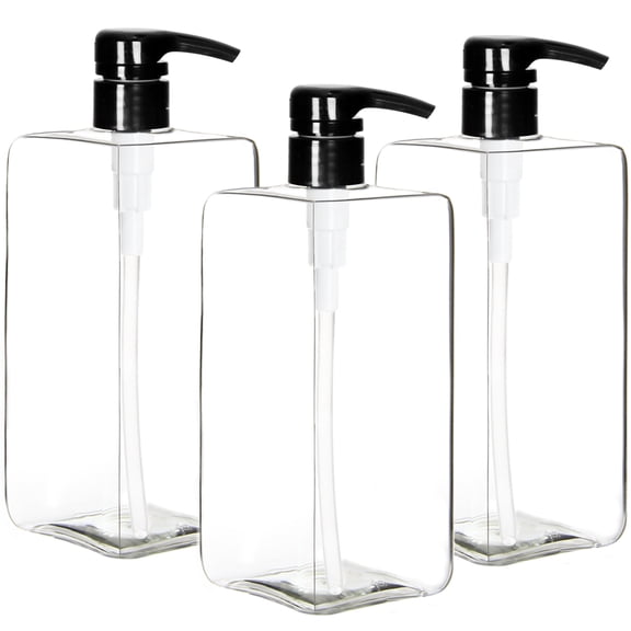 Youngever 3 Pack Clear Pump Bottles for Shampoo 32 Ounce (1 Liter), Plastic Square with Lockdown-Leak Proof-Pumps YE394.430