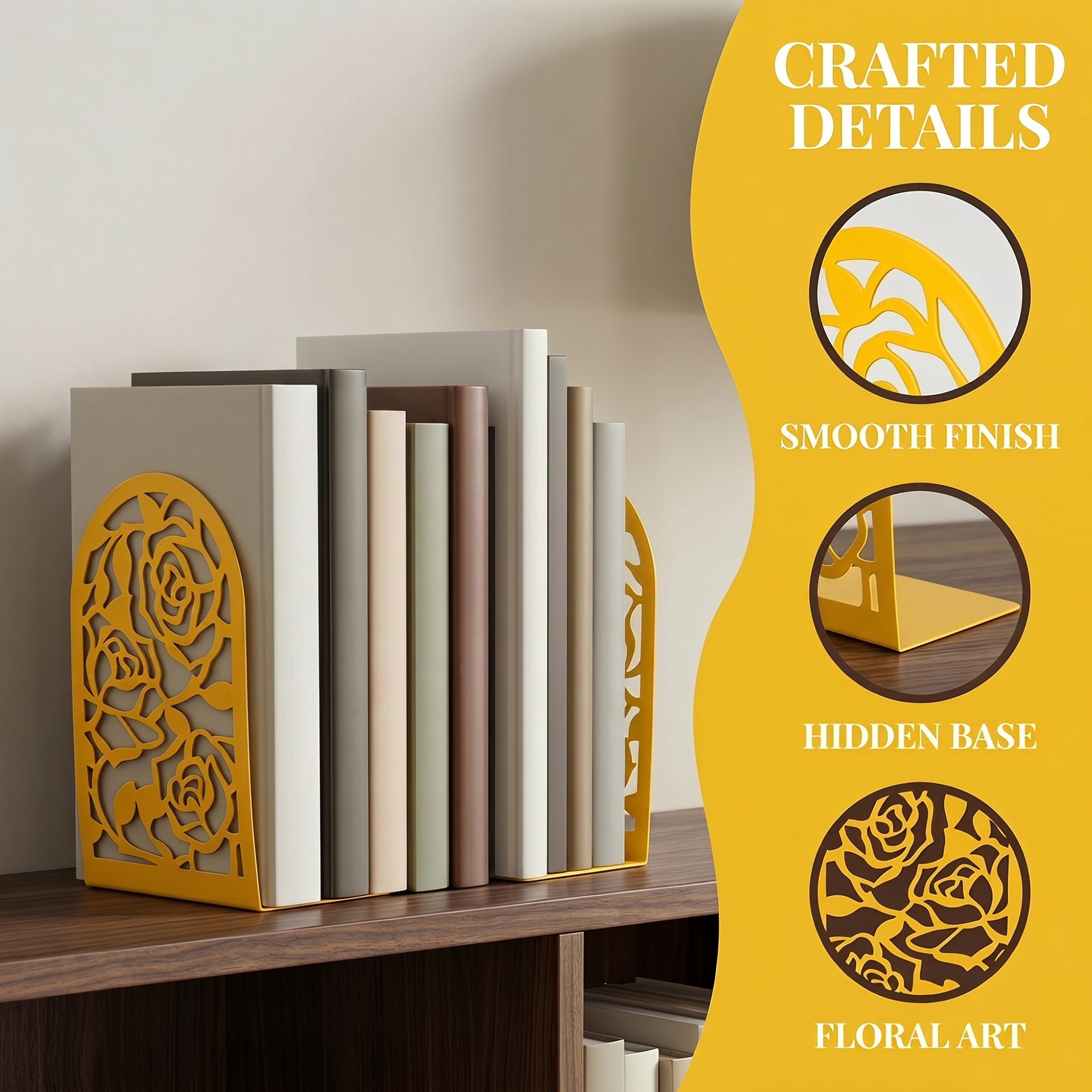 Unique Bargains Large Flower Design Floral Metal Bookends Gold Style A 4.7"x3.2"x7.3"