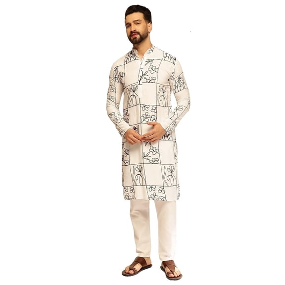 Sojanya (Since 1958) Men'S Cotton Silk Floral Embroidered White Kurta With Pyjama