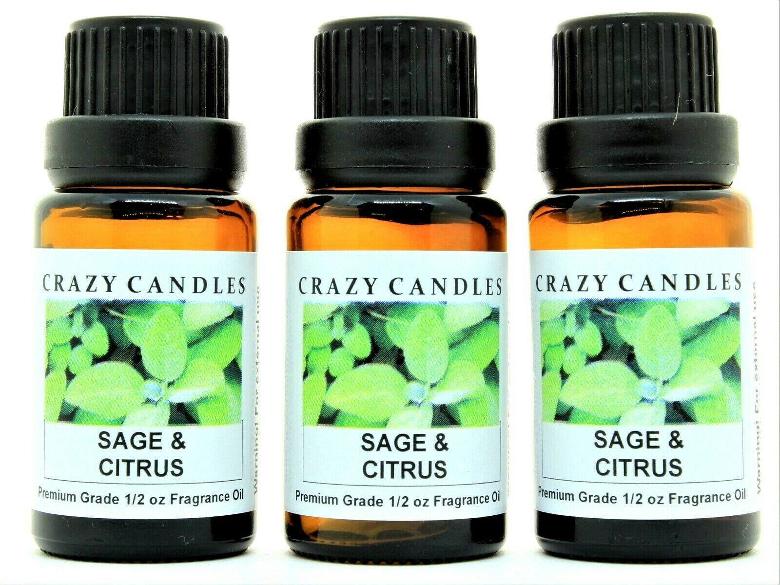 Sage & Citrus 3 bottles 1/2 fl oz each (15ml) premium grade scented fragrance oil by Crazy Candles Made in USA