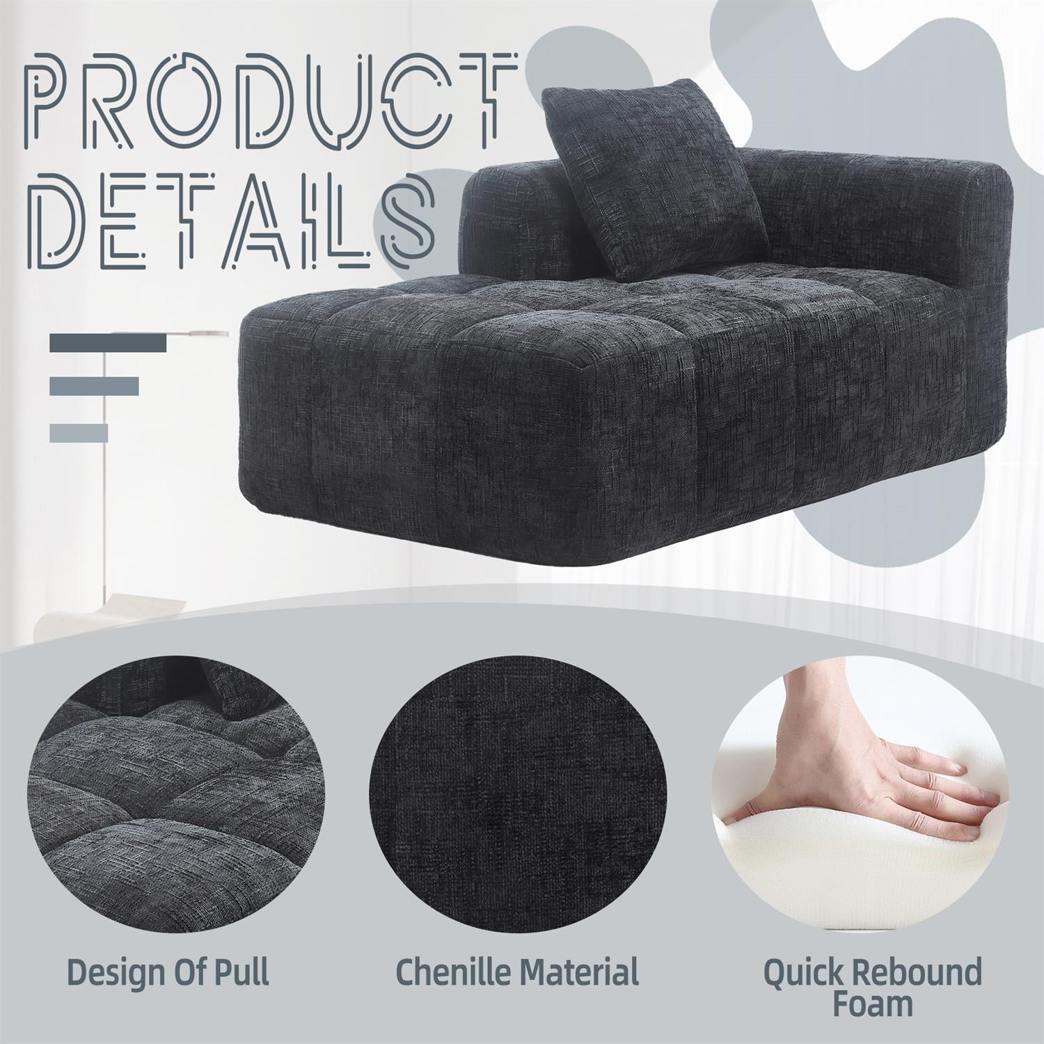 Demi Bonn 62" Plush Chenille Loveseat Sofa, Modular Sleeper for Living Room, Bedroom, Apartment Lounge, Stylish & Comfortable Couch, Black