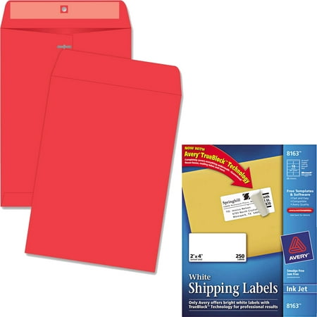 Quality Park Brightly Colored 9x12 Clasp Envelopes and Avery 8163 White Shipping Labels for Inkjet Printers, 2