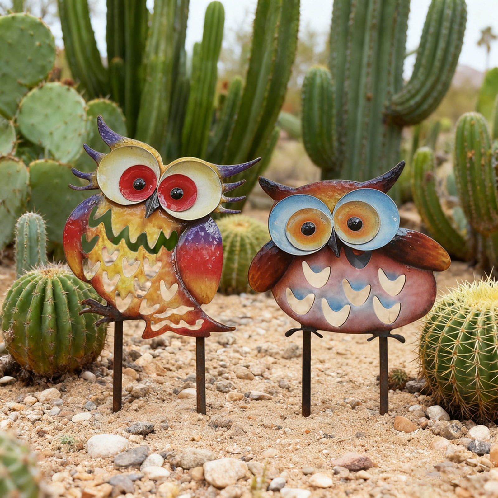 Metal Owl Garden Stake Set Of 2 Colorful Iron Art Yard Decorations For Outdoor Patio Lawn Garden Decor