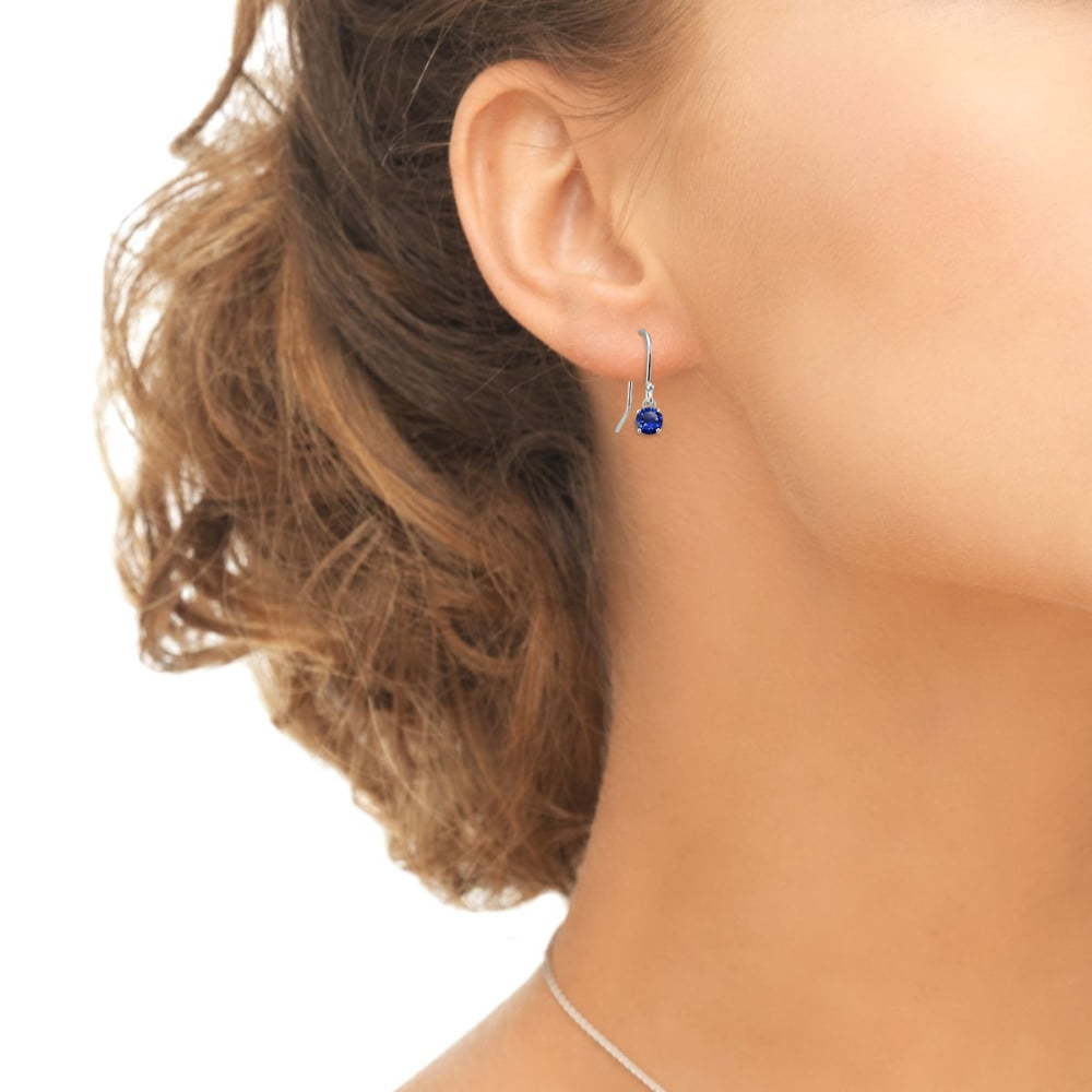 Created Blue Sapphire 5mm Round Small Solitaire Sterling Silver Dangle Earrings
