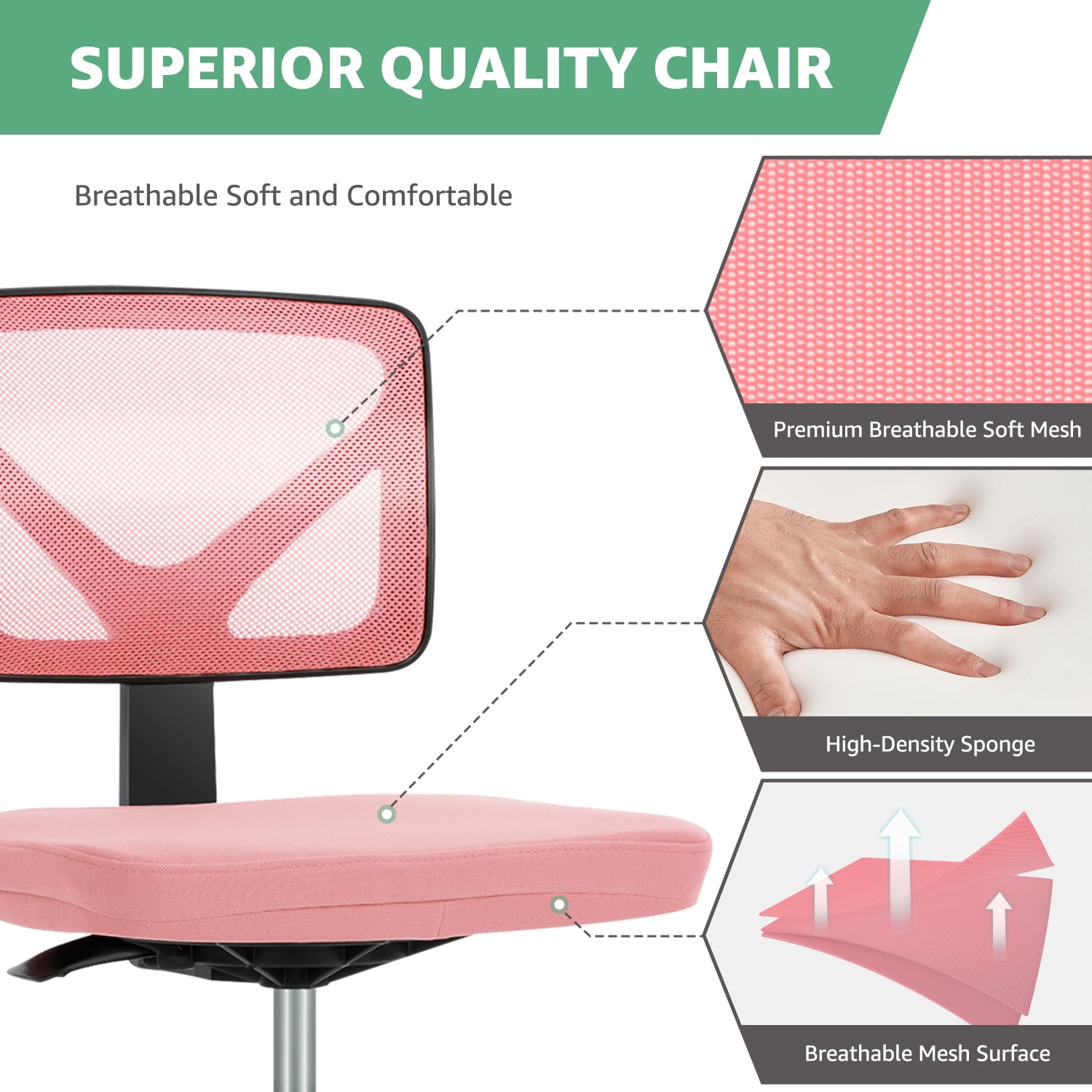 JOINSUN Armless Desk Mesh Office Chair, Adjustable Height Ergonomic Low Back Vanity Task Desk Chair with Wheels, Pink