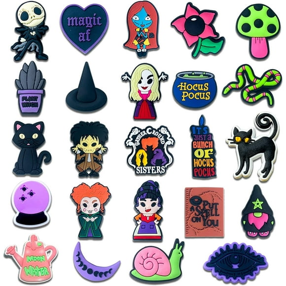 GFDYREE 24PCS Halloween Hocus Pocus Croc Charms Fits for Clog Sandals Shoes Decoration, Witch Croc Accessories for Adult Men Women Party Favor Gifts