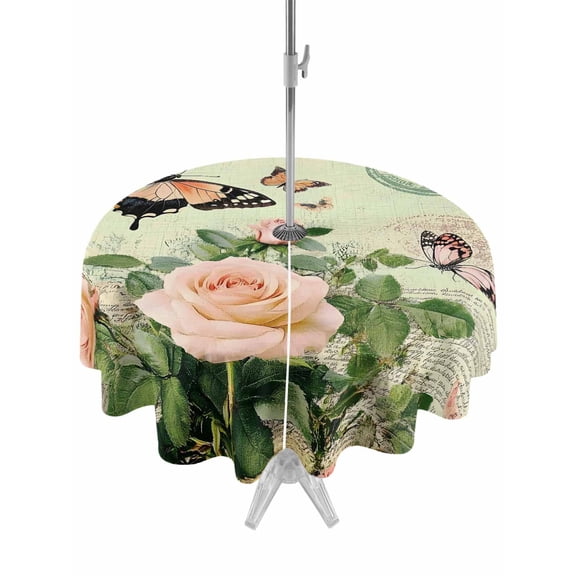 Outdoor Tablecloth with Umbrella Hole Zipper Vintage Butterfly Roses Round Tablecloth 54" Waterproof Outside Table Cloth Spring Botanical Floral Patio Table Cover Tablecloths for Picnic Party