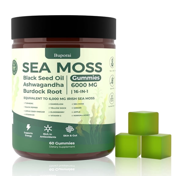 Sea Moss Gummies - 16-in-1 Formula - with Black Seed Oil, Ashwagandha, Bladder Wrack, Apple Cider Vinegar - for Men & Women - 60 Gummies