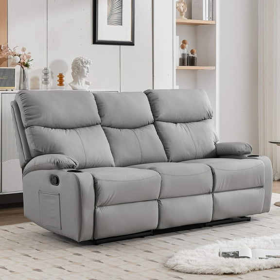 Light Grey Manual Leather 3-Seater Recliner Sofa, Triple Reclining Couch with Side Pockets for Living Room, Home Theater, Family Gatherings