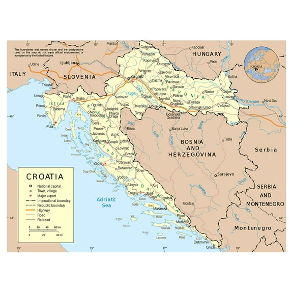 Palmetto Posters 24x31 Laminated Poster: Large detailed political map of croatia with roads cities and airports