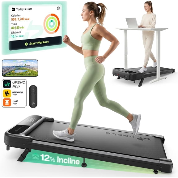 UREVO Smart Walking Pad with 12% Incline, Standing Desk Treadmill with 7-Layer Belt, 300lbs Capacity, Quiet Operation, Workout APP with Track Insights, Remote Control for Home Office