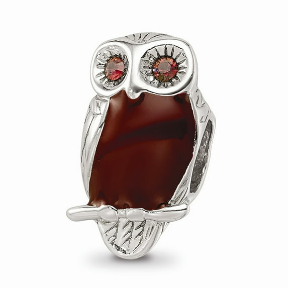 Solid 925 Sterling Silver Brown Enameled Wise Owl Bead Small Charm Tiny Pendant - 13mm x 8mm