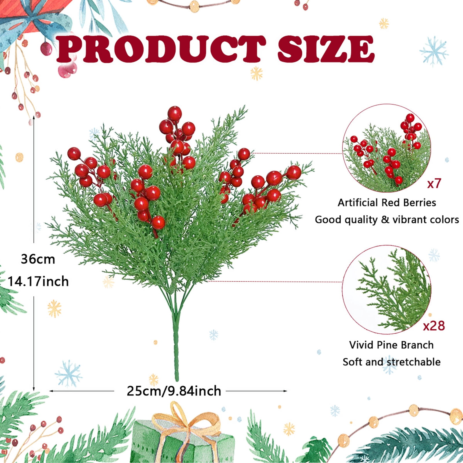 Minibee 8 Bundles Fake Pine Branch Christmas Flowers with Berries, Realistic Christmas Flowers Artificial for Holiday Home Styling