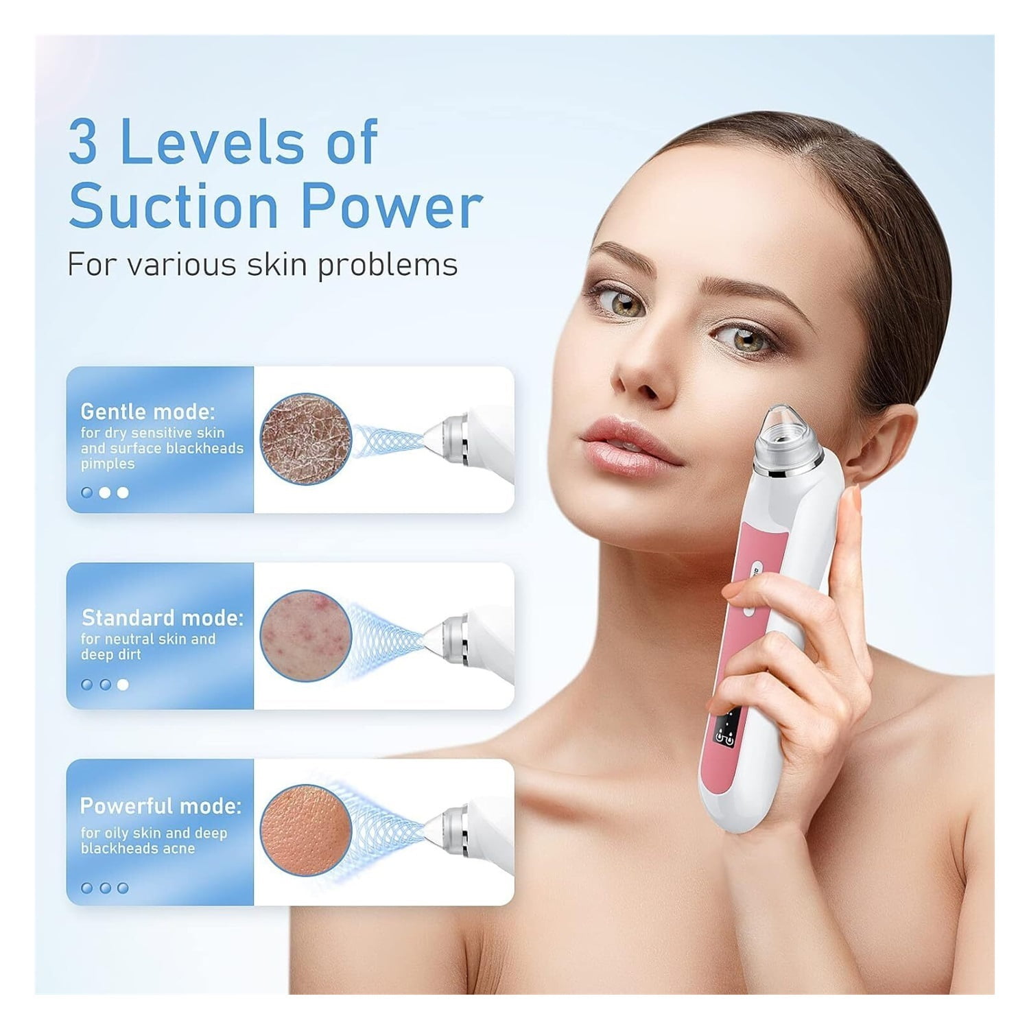 Blackhead Remover Vacuum, USB Interface Type Pore Vacuum, Black Head Extractions Tool with Camerafor, Men and Women Pore Cleaner, 3 Adjustment Modes & 6 Suction Heads(Light Pink)