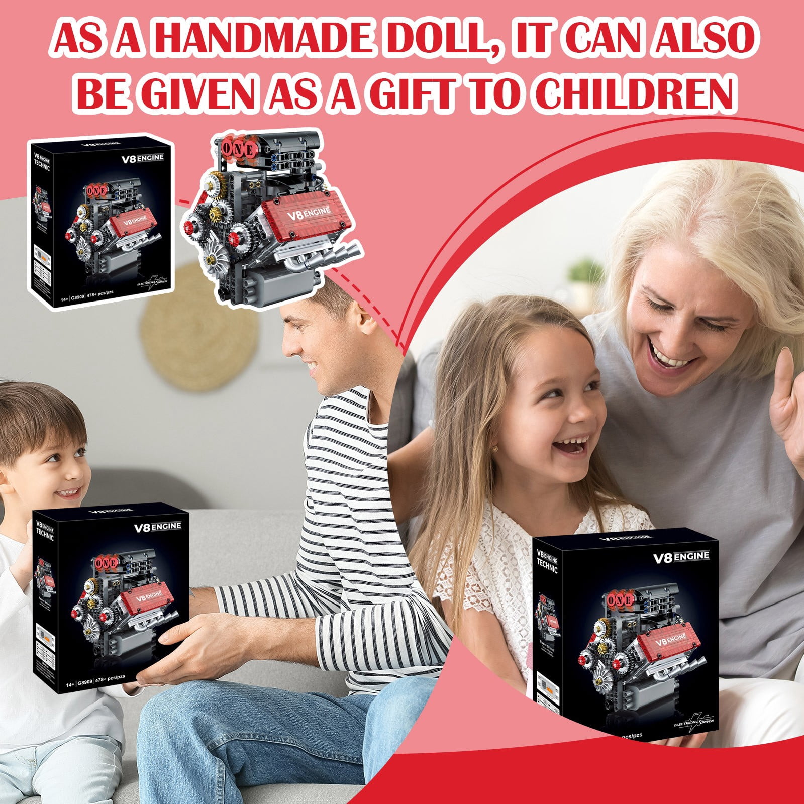 American V8 Engine Model Building Blocks Kit, Detailed Educational STEM Toy for Car Enthusiasts and Adult Hobbyists
