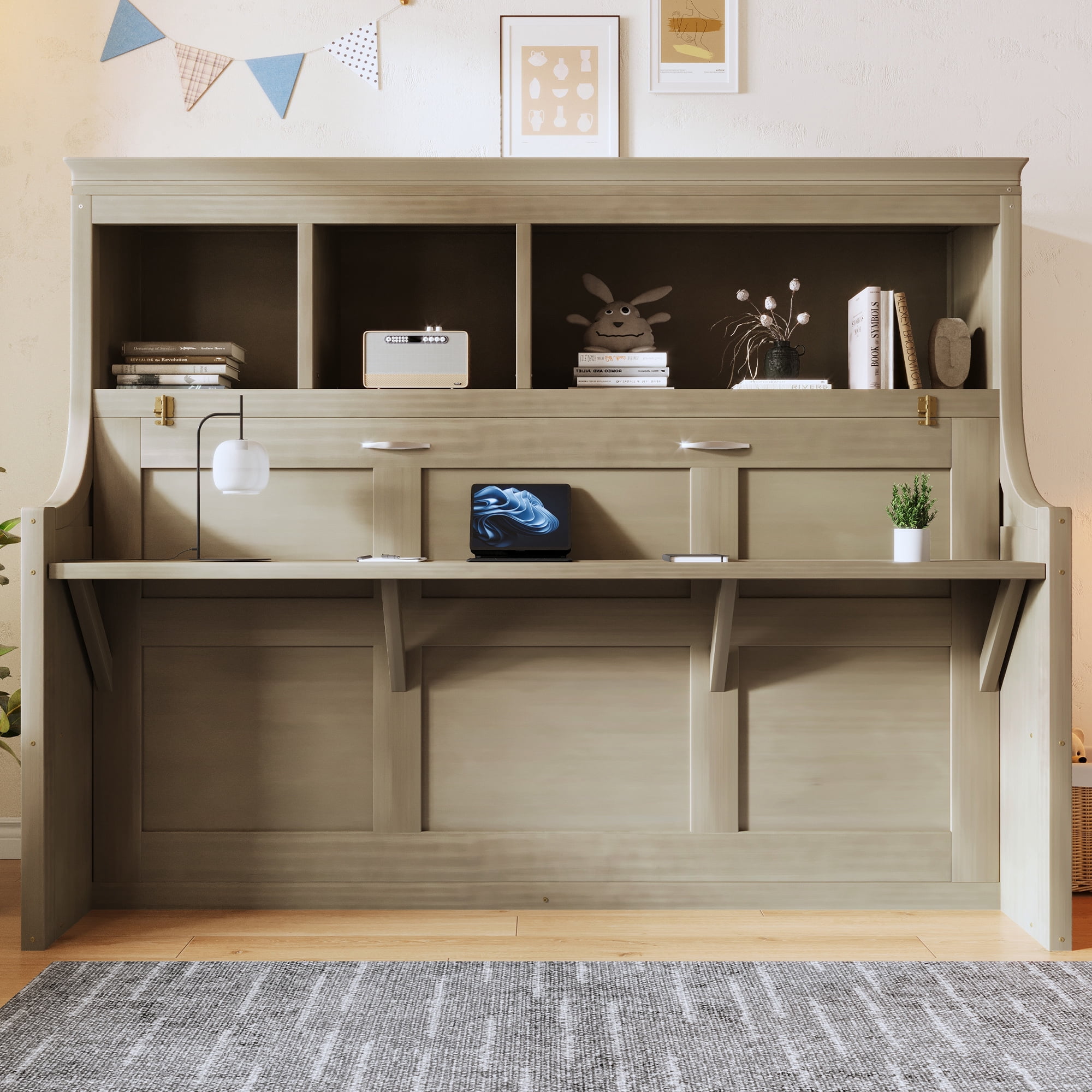 Euroco Twin Size Murphy Bed with Desk and Shelves, Convertible Wall Bed with Cabinets, Grey Wash
