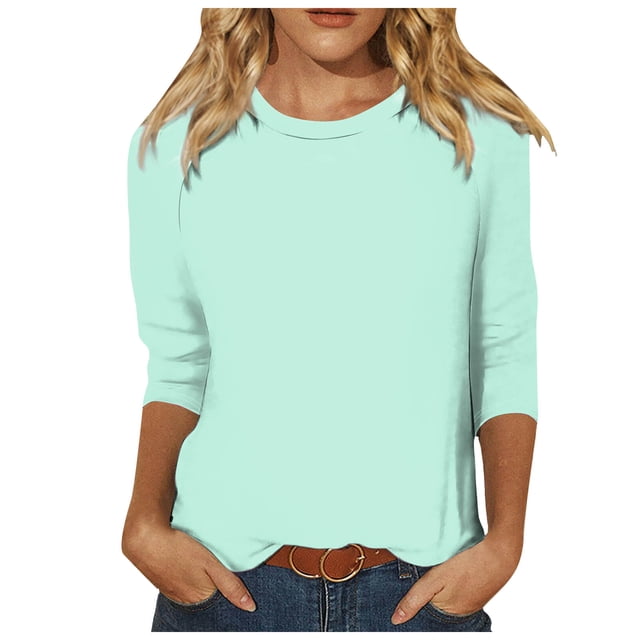 Fgnfyis Haut à Manches 3/4 pour Femmes Été Décontracté Polyvalent Raglan Col Rond Chemise Décontractée T-Shirts pour Femmes Vert Menthe_001 S