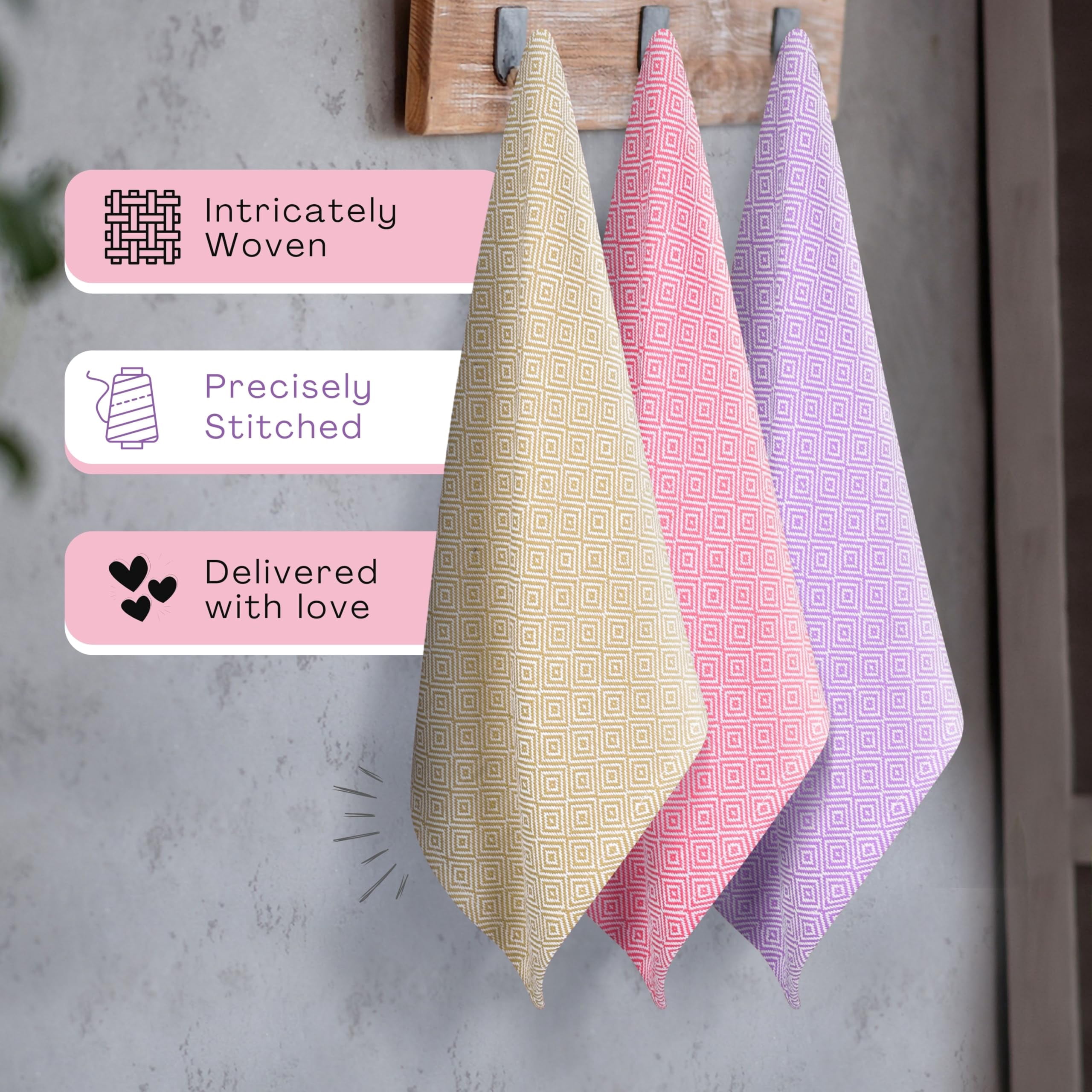 HEIRLOOM COMFORT Multi Color Kitchen Towels 12 Pack, 100% Cotton, Diamond Weave Towel Set, 16"x26", Super Absorbent & Durable Dishcloths, Quick Drying for Drying Dishes - Beige, Dark Pink, Lavender