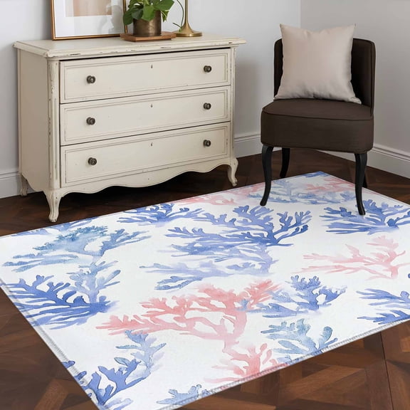 3'x5' Area Rugs, Blue Pink Coral Indoor Outdoor Area Rug for Living Room Bedroom, Summer Coastal Beach Ocean Washable Bathroom Rugs Kitchen Floor Carpet Mats Home Decor Aesthetic