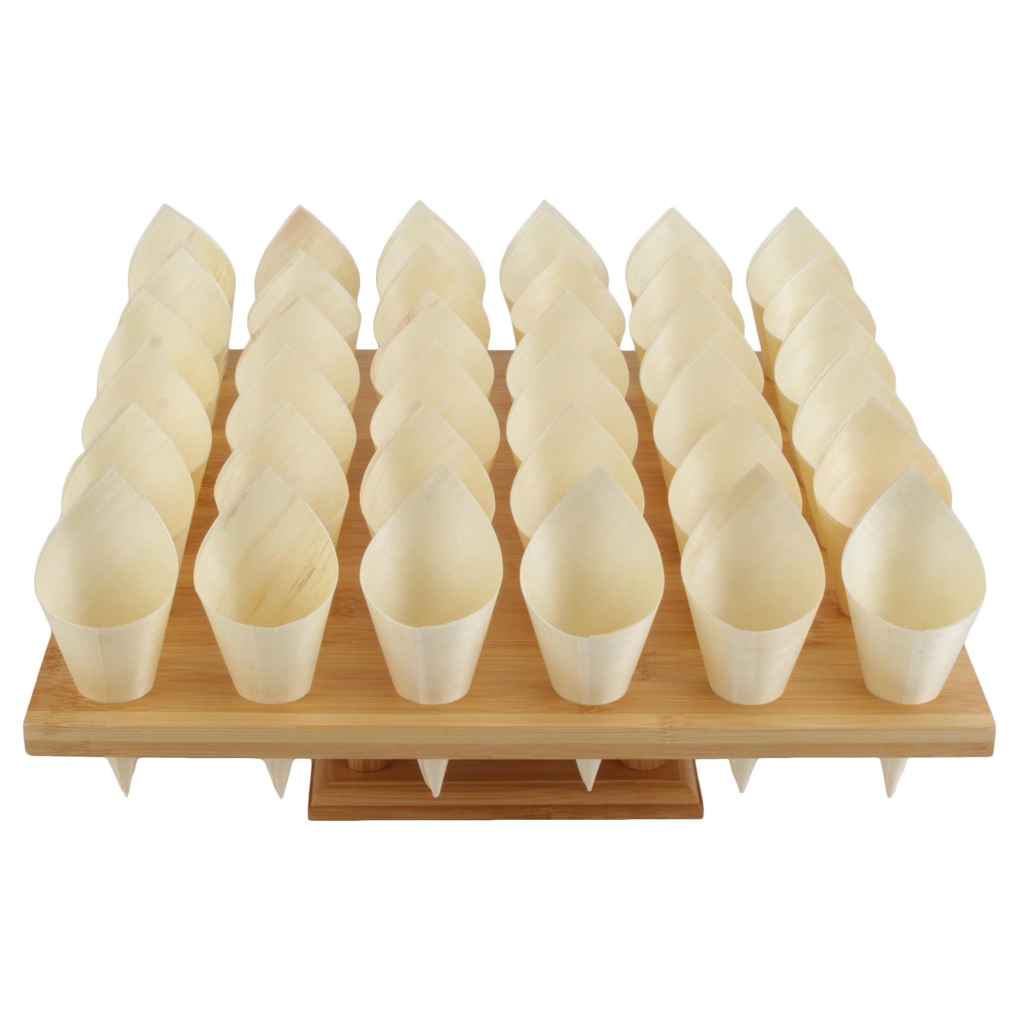 BambooMN 13" x 13" Natural Bamboo Square Food Cone Display Tamaki Stand, With Wood Cones and Skewer Picks, 1 Set