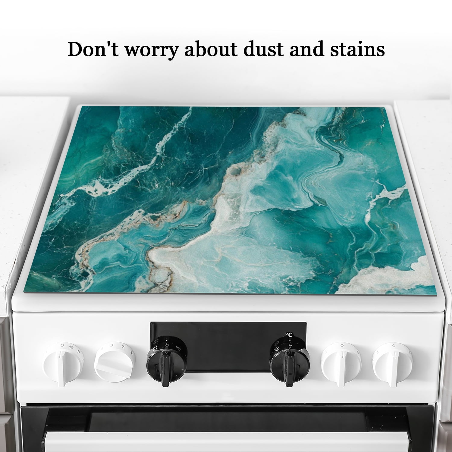 Square Gas Stove Cover, Blue White Marble Glass Induction Protector Cooktop Mat, Non-slip Foldable Modern Decoration Pad for Kitchen RV (28×20 Inch)