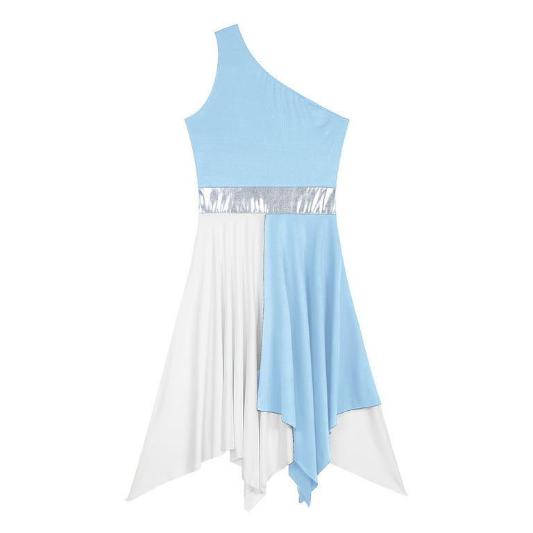 YONGHS Women's Asymmetrical Liturgical Praise Dance Dress One Shoulder  Color Block Lyrical Dance Costume Light Blue XL