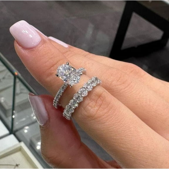 Moissanite Bridal Set Engagement Ring 2.50 TCW Oval Cut Real 14K White Gold Plated