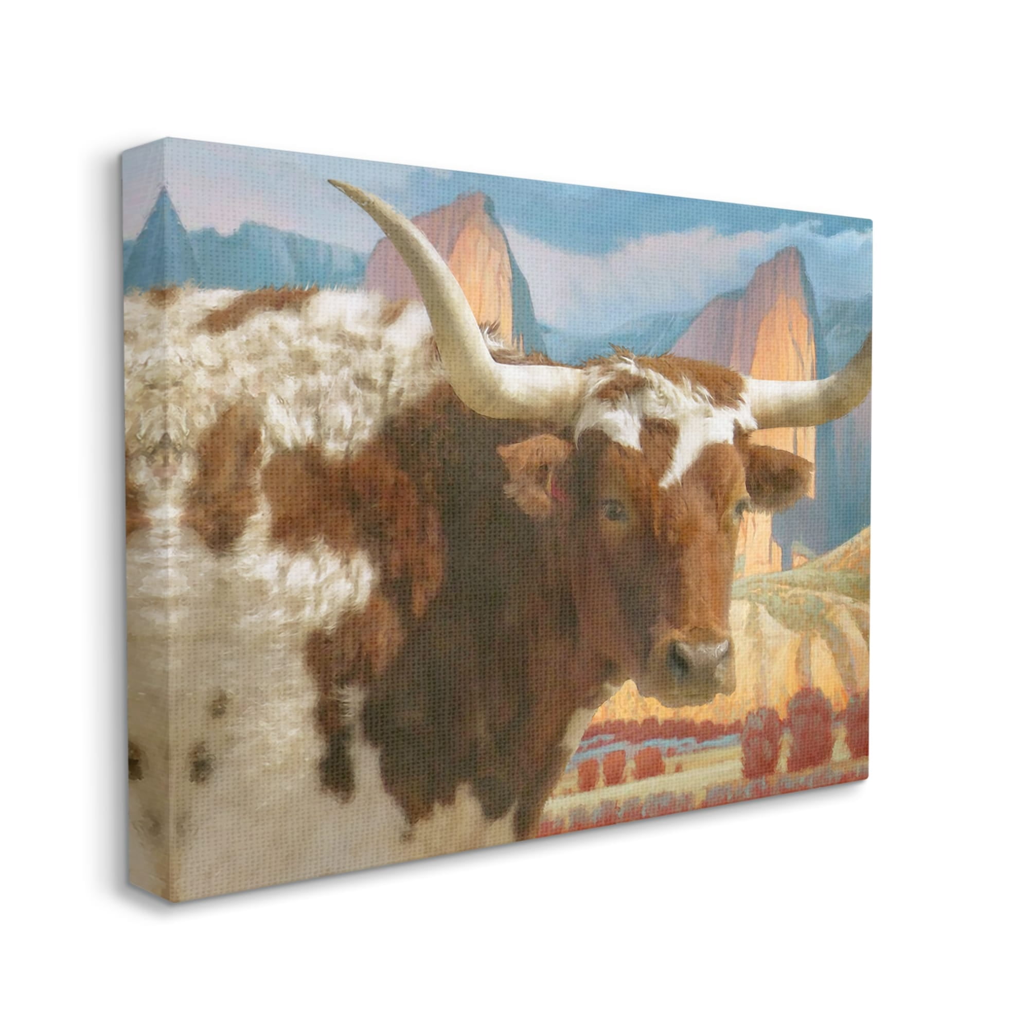 Stupell Longhorn Cattle Farm Landscape Animals & Insects Painting Gallery Wrapped Canvas Print Wall Art