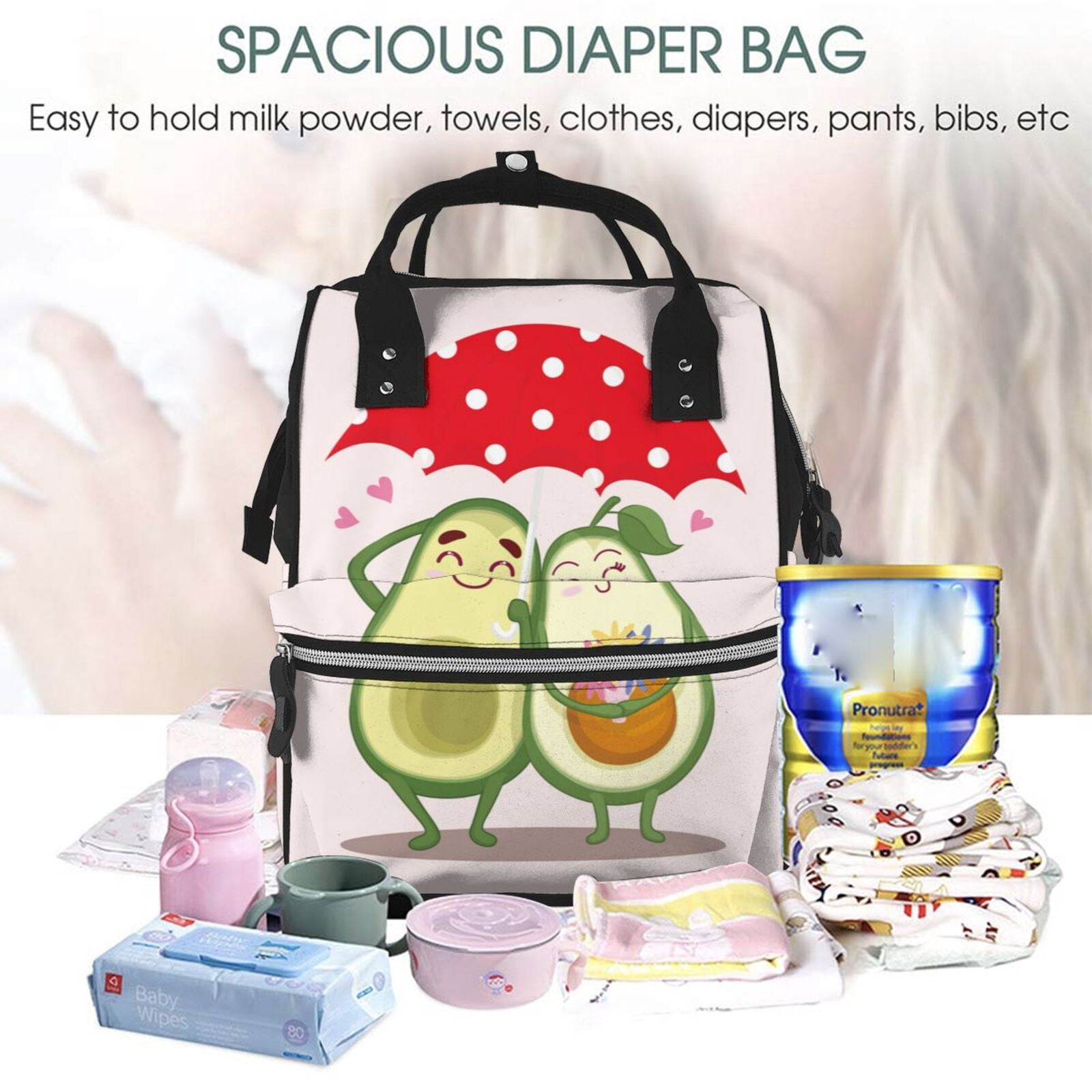 Fuzoiu Avocado Lovers Wearing Umbrella Print Diaper Bag Backpack,Baby Essentials Travel Tote,Multi function Waterproof Diaper Bag, Travel Essentials Baby Bag - Unisex