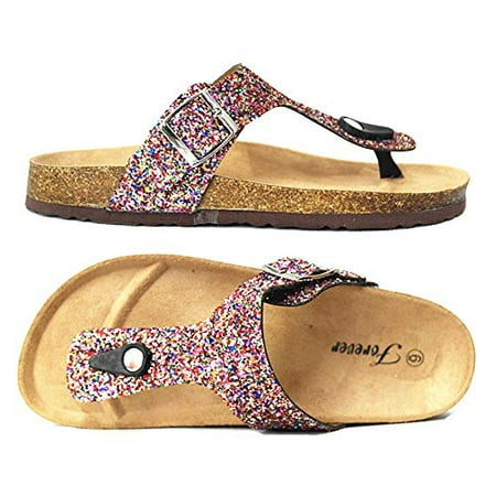 Rainbow Slip Sandals Forever Women's Birken-17 Multi Sparkle Glitter Slip On Casual Sandals, Rainbow, (6) ()