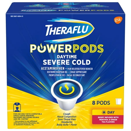 Theraflu PowerPods Daytime Severe Cold Medicine, Berry with Menthol & Green Tea Flavor Pods, 8 count