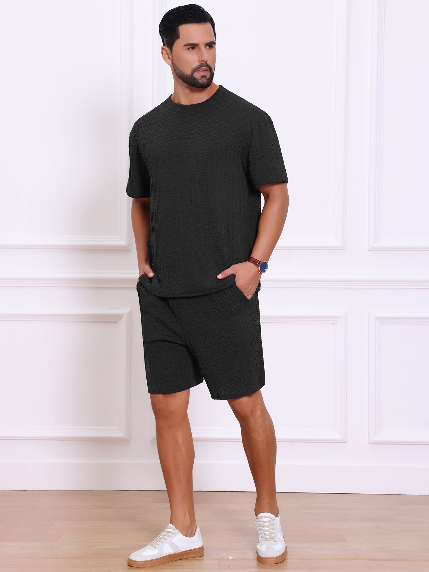 DARING DIVA Men's 2 Pieces Texture Crew Neck Shirt Top and Shorts Outfits 3XL Black
