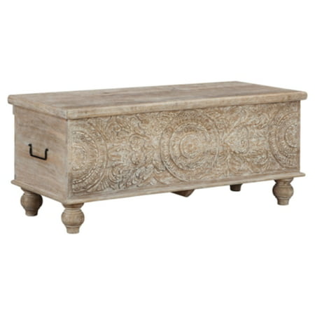 Signature Design by Ashley Fossile Ridge Boho Carved Wood Storage Bench with Hinge Top Beige