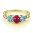 thumbnail image 2 of Gem Stone King 2.82 Ct Oval Red Ruby Blue Zircon 18K Yellow Gold Plated Silver Moissanite Ring (Size 5), 2 of 4