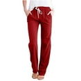 thumbnail image 1 of Wkishenl Pantalons en Lin pour Femmes Décontractés à Cordon Élastique Taille Haute Pantalons Longs Droits avec Poche Pantalons d'Été Unis 2025 Rouge,P, 1 of 4