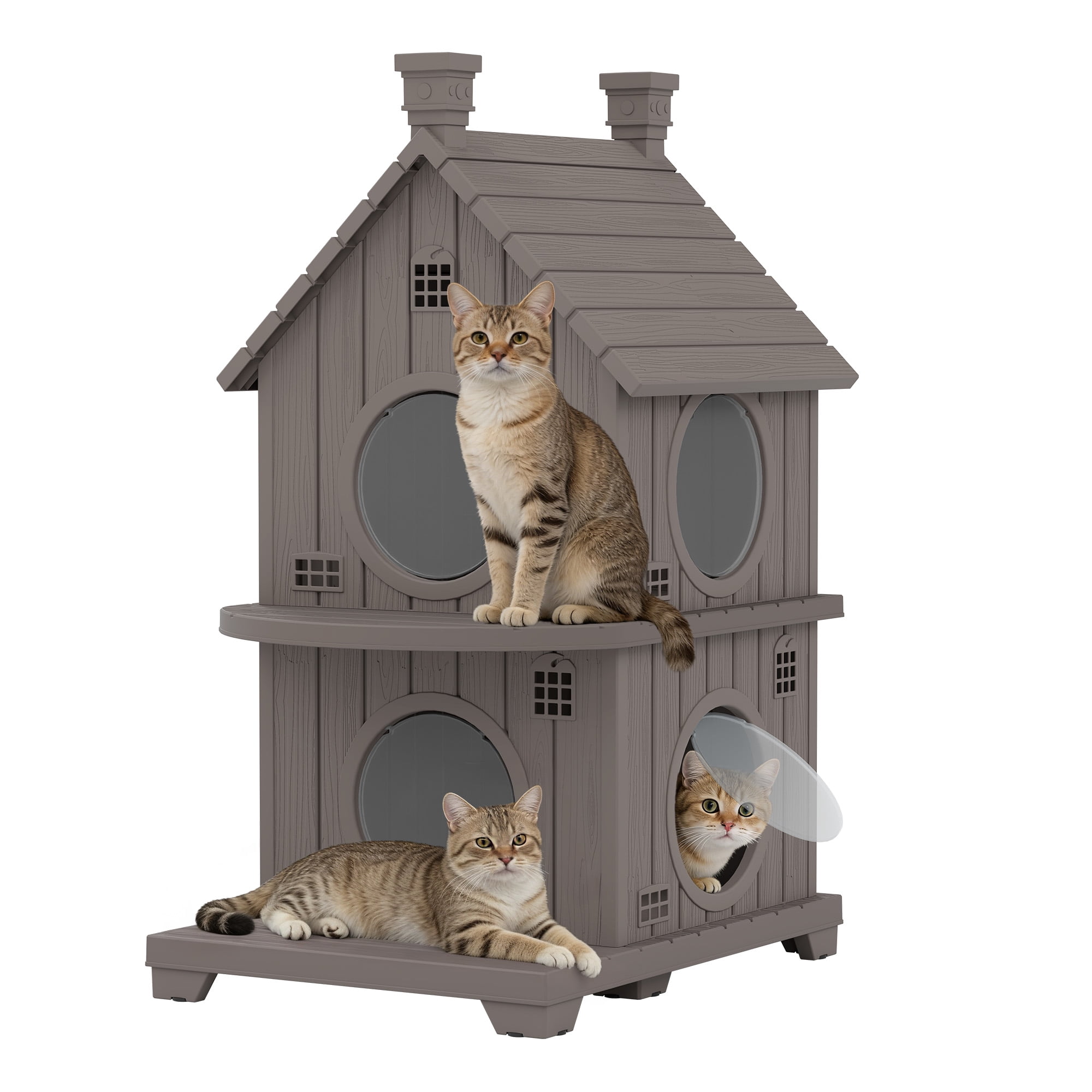 Bifanuo Outdoor Cat House,Weatherproof Resin Cat House,Multi-Layer,Villa-Style Outdoor Cat Shelter,Assemble Easily for Home & Yard,Gray