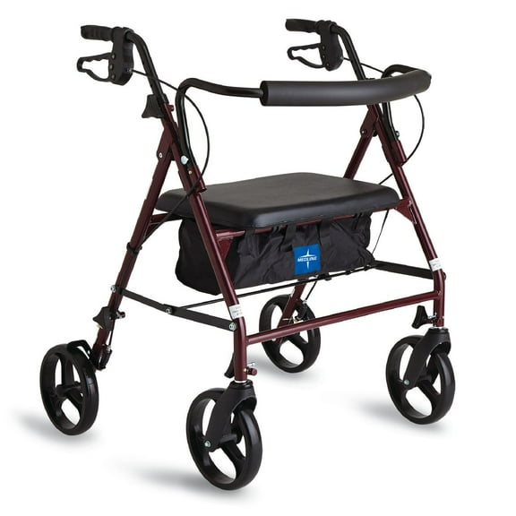 Medline Rolling Walker, Folding Rollator with Seat and 8-In Wheels, Heavy Duty, Burgundy, 400 lb Weight Capacity, Aluminum
