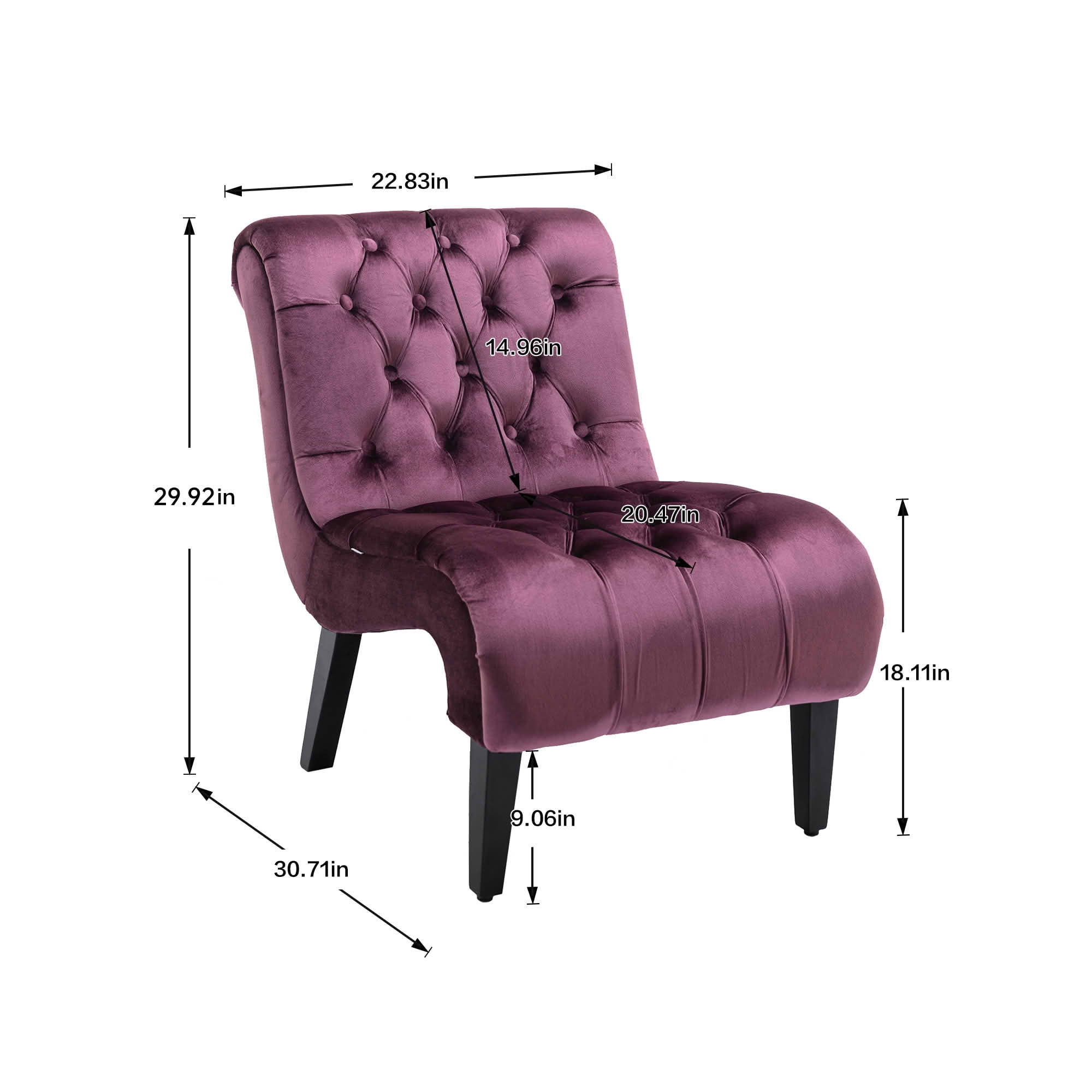 MAYEERTY 22.83-Inch Velvet Button Tufted Armless Accent Chair, Upholstered Leisure Side Chair with Wooden Legs for Bedroom Living Room Office