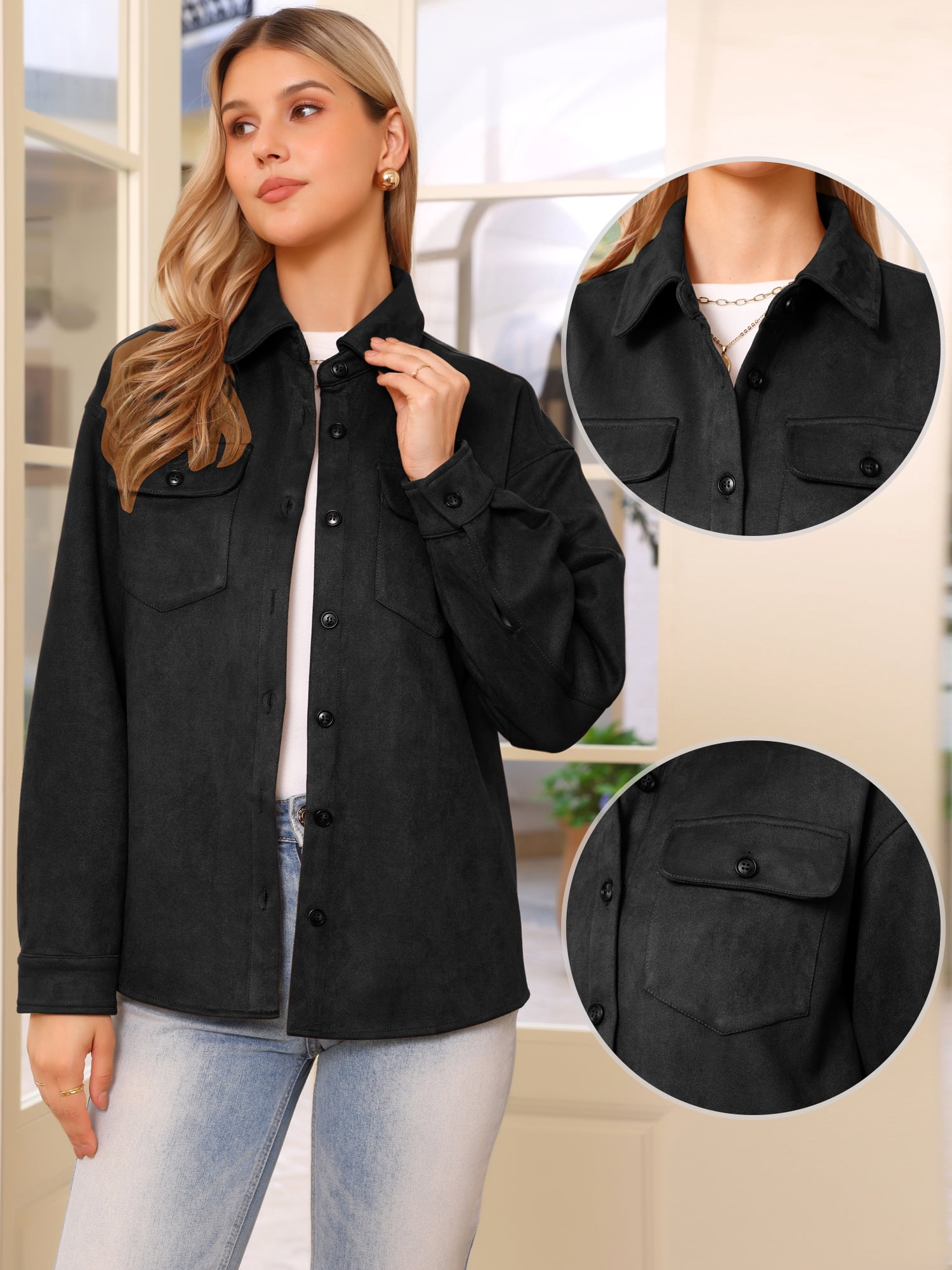 DARING DIVA Women's Turn-Down Collar Long Sleeve Button Down Jacket L Black