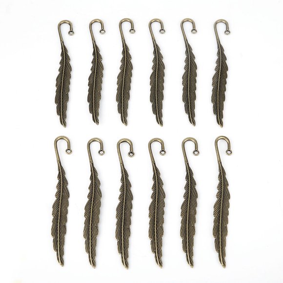 Marcapáginas con forma de pluma antigua, marca de libros de Metal bronce, regalo de papelería hecho a mano, 12 Uds.
