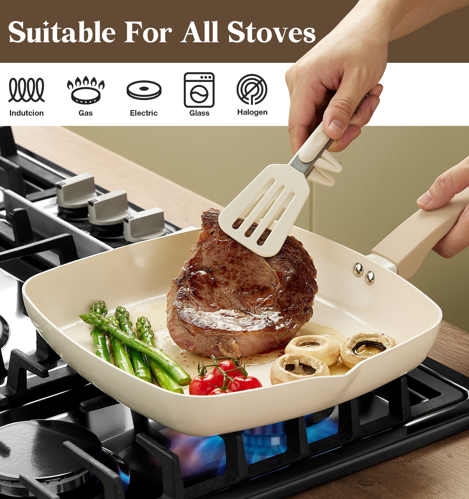 Koch Systeme CS 11 inch Nonstick Grill Pan for Stove Tops, Square Frying Pan with Lid, Ultimate Ceramic Coating Grill Skillet with Bakelite Handle, Cream White