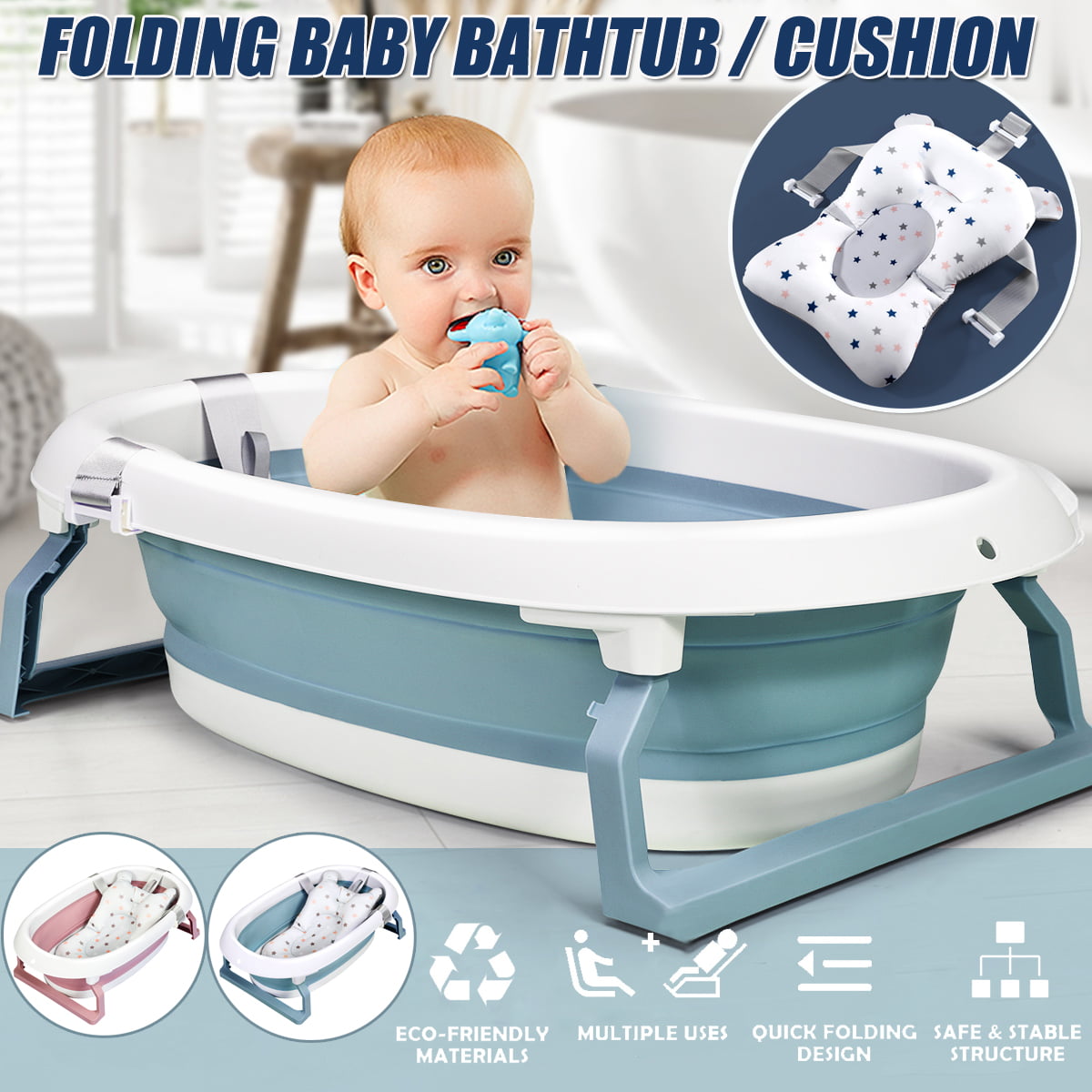 Blue Safety Adjustable Safety Shower Mat Save Space and Easy to Clean,Infant Bath Tub with Comfortable Bath Seat Support Sponge Baby Bathtub Portable Collapsible Toddler Bath tub 0-5 Years Old 