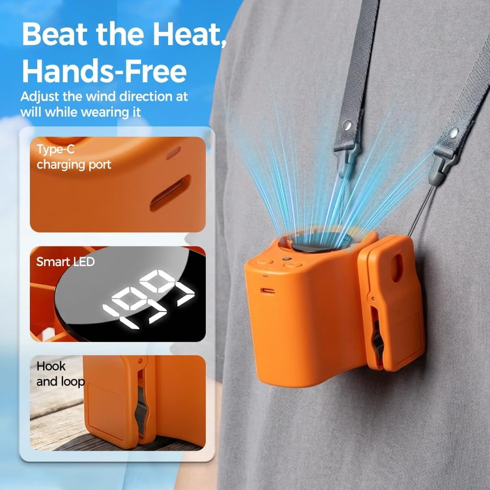 Portable Clip on Fan, 2026 Car Clip on Air Conditioner Fan with LED Display, 199 Speeds & Semi-Cooling Fan, USB Rechargeable Personal Fan for Cars, Work, Camping (ORANGE)