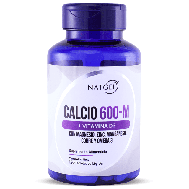 Calcio 600-M + Vitamina D3 con Magnesio, Zinc, Manganeso, Cobre y Omega 3 | 120 tabletas de 1.9g c/u | Suplemento para Huesos y Salud General | NATGEL