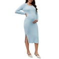 thumbnail image 2 of INSPIRE CHIC Womens Split Maternity Dress Long Sleeve Henley Collar Button Bodycon Ribbed Knit Pregnancy Photoshoot L Blue, 2 of 6