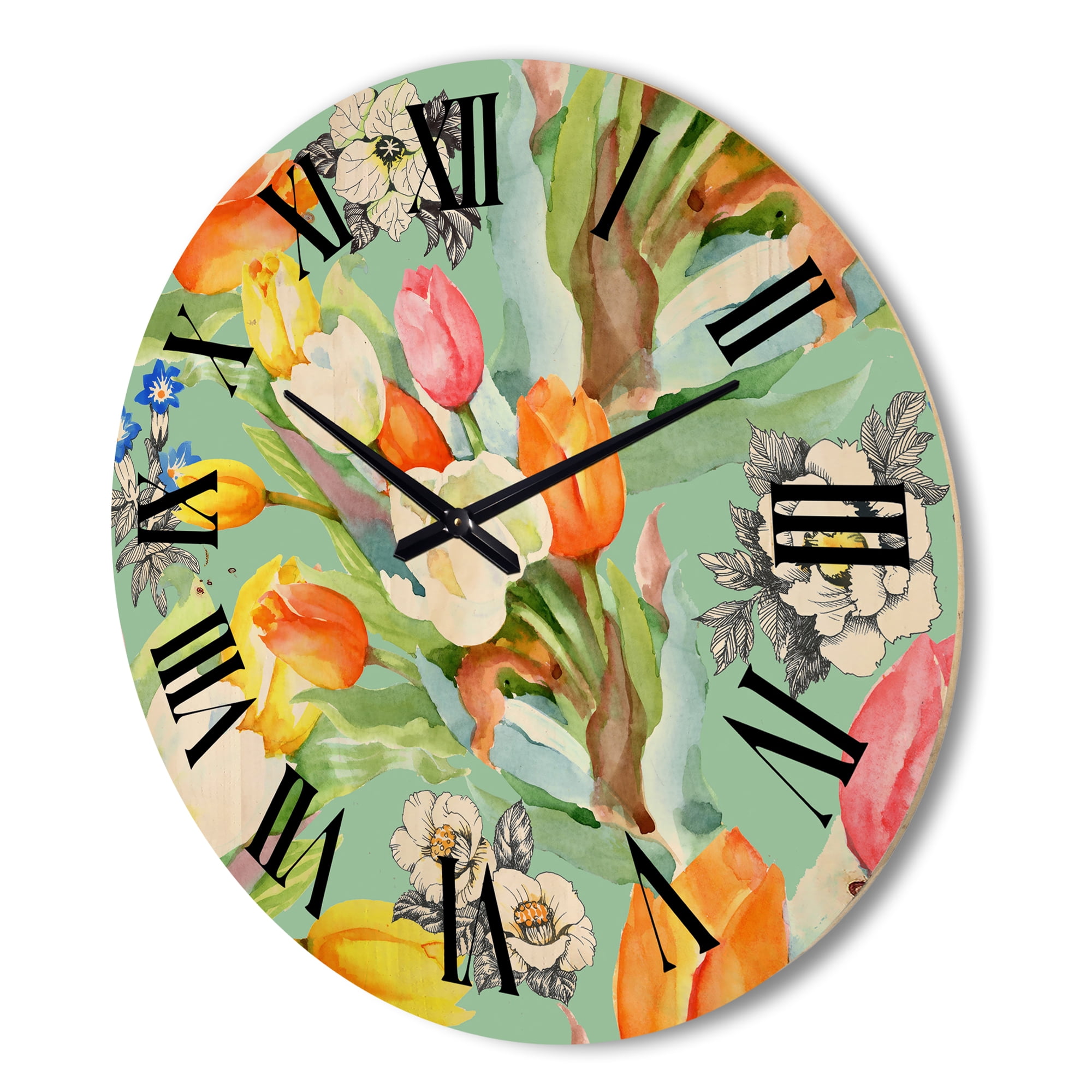 Designart 'Blooming Orange and White Tulips II' Traditional Wood Wall Clock
