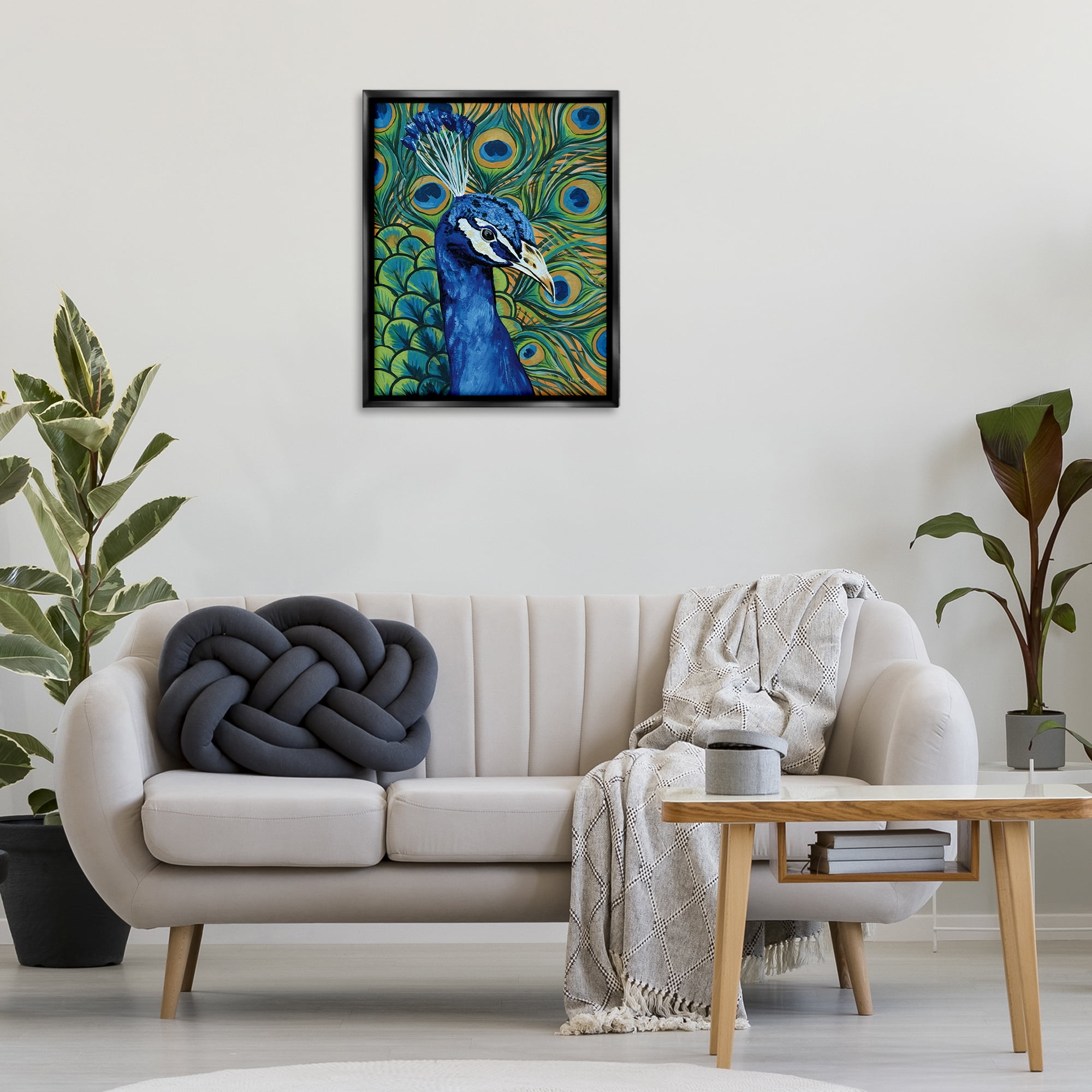 Stupell Industries Bold Peacock Feathers Pattern Animals & Insects Painting Black Floater Framed Canvas Art Print Wall Art, 25 x 31
