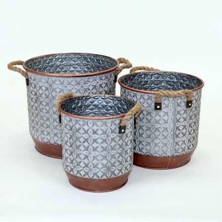 Set Of 3 Silver With Copper Colored Base And Rope Handles Planters