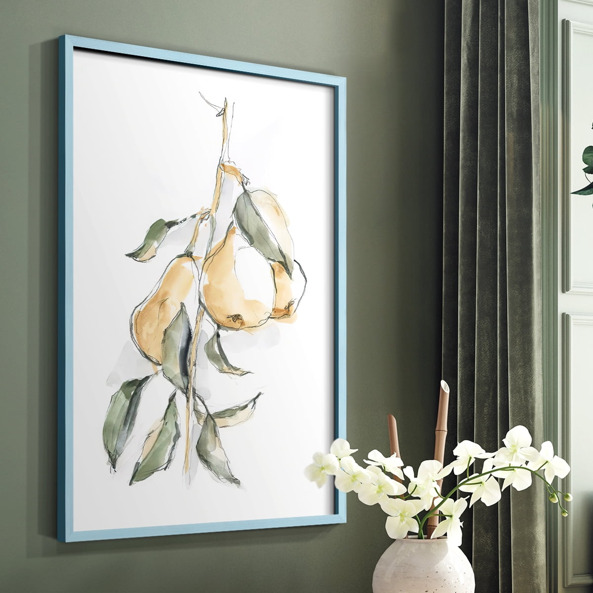 Watercolor Fruit Contour I Framed Print in Blue Solid Wood 11 x 14 Framed Print
